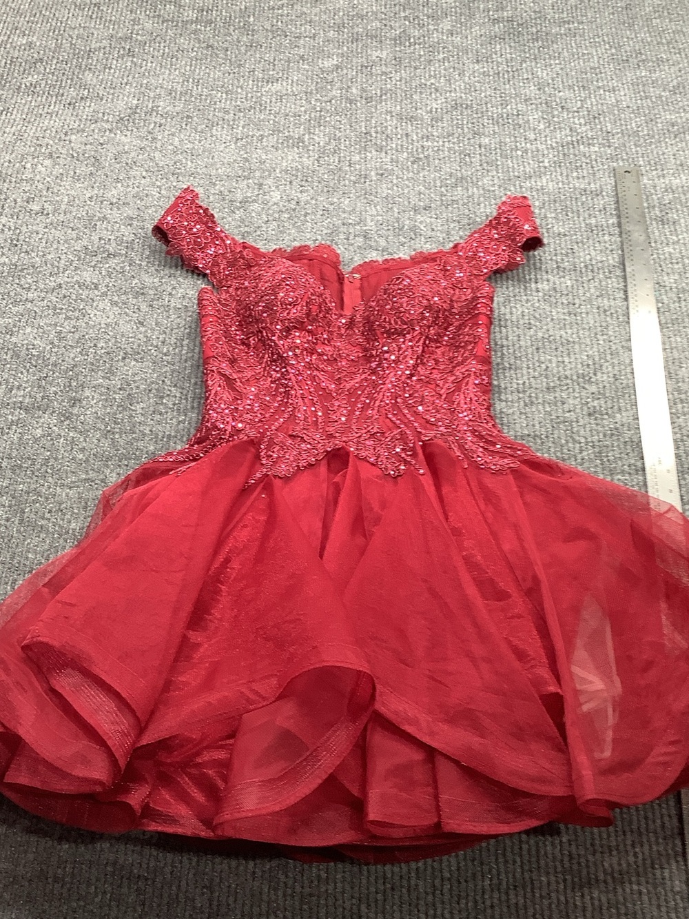 Sherri Hill Red Beaded Off-Shoulder Tulle Prom Dress
